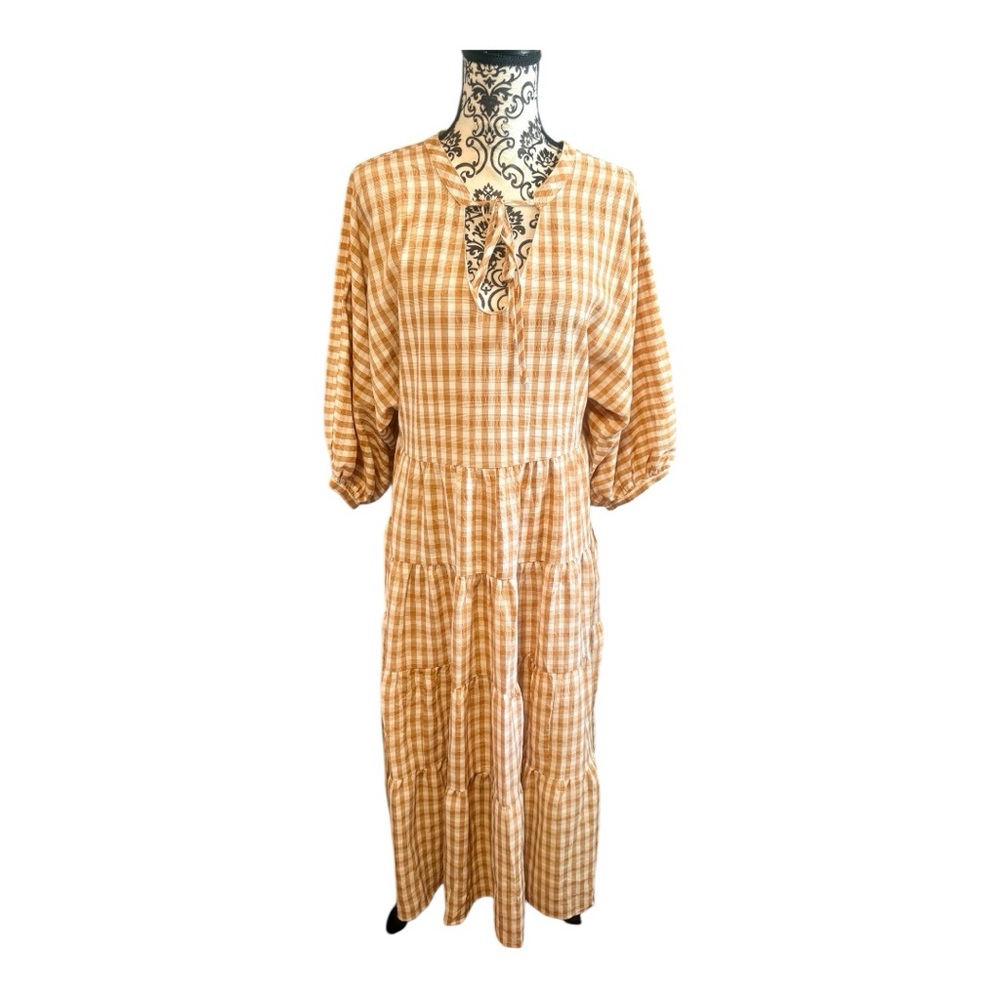 ON YOU White and Camel Gingham Maxi Dress